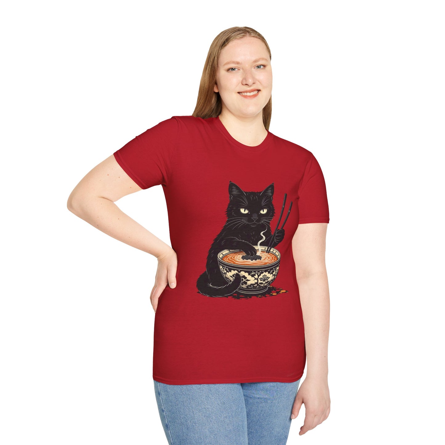 Noodle Cat Shirt, Ramen Cat T-Shirt, Foodie Lover Shirts, Black Cat Noodle T-Shirts, Retro Cat Tees, Cat Lover Sweatshirts, Black Cat Tee Funny Black Cat Ramen Unisex Softstyle T-Shirt