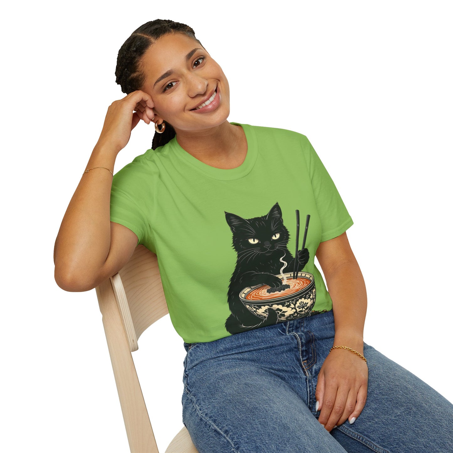 Noodle Cat Shirt, Ramen Cat T-Shirt, Foodie Lover Shirts, Black Cat Noodle T-Shirts, Retro Cat Tees, Cat Lover Sweatshirts, Black Cat Tee Funny Black Cat Ramen Unisex Softstyle T-Shirt