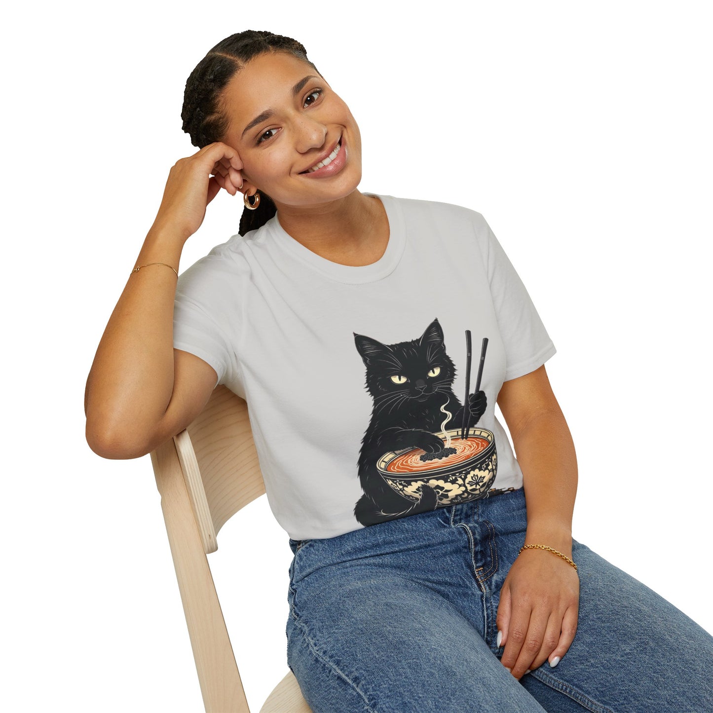 Noodle Cat Shirt, Ramen Cat T-Shirt, Foodie Lover Shirts, Black Cat Noodle T-Shirts, Retro Cat Tees, Cat Lover Sweatshirts, Black Cat Tee Funny Black Cat Ramen Unisex Softstyle T-Shirt
