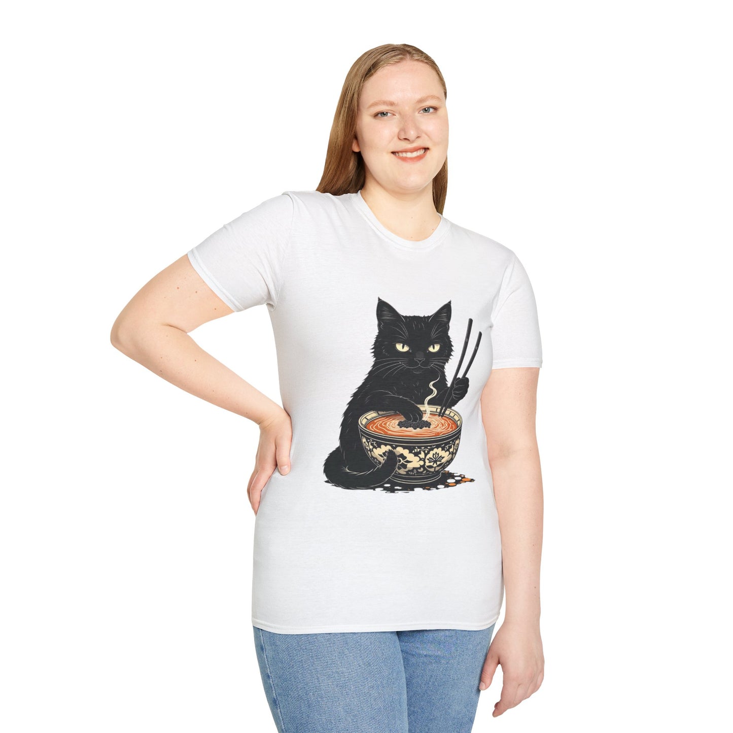 Noodle Cat Shirt, Ramen Cat T-Shirt, Foodie Lover Shirts, Black Cat Noodle T-Shirts, Retro Cat Tees, Cat Lover Sweatshirts, Black Cat Tee Funny Black Cat Ramen Unisex Softstyle T-Shirt