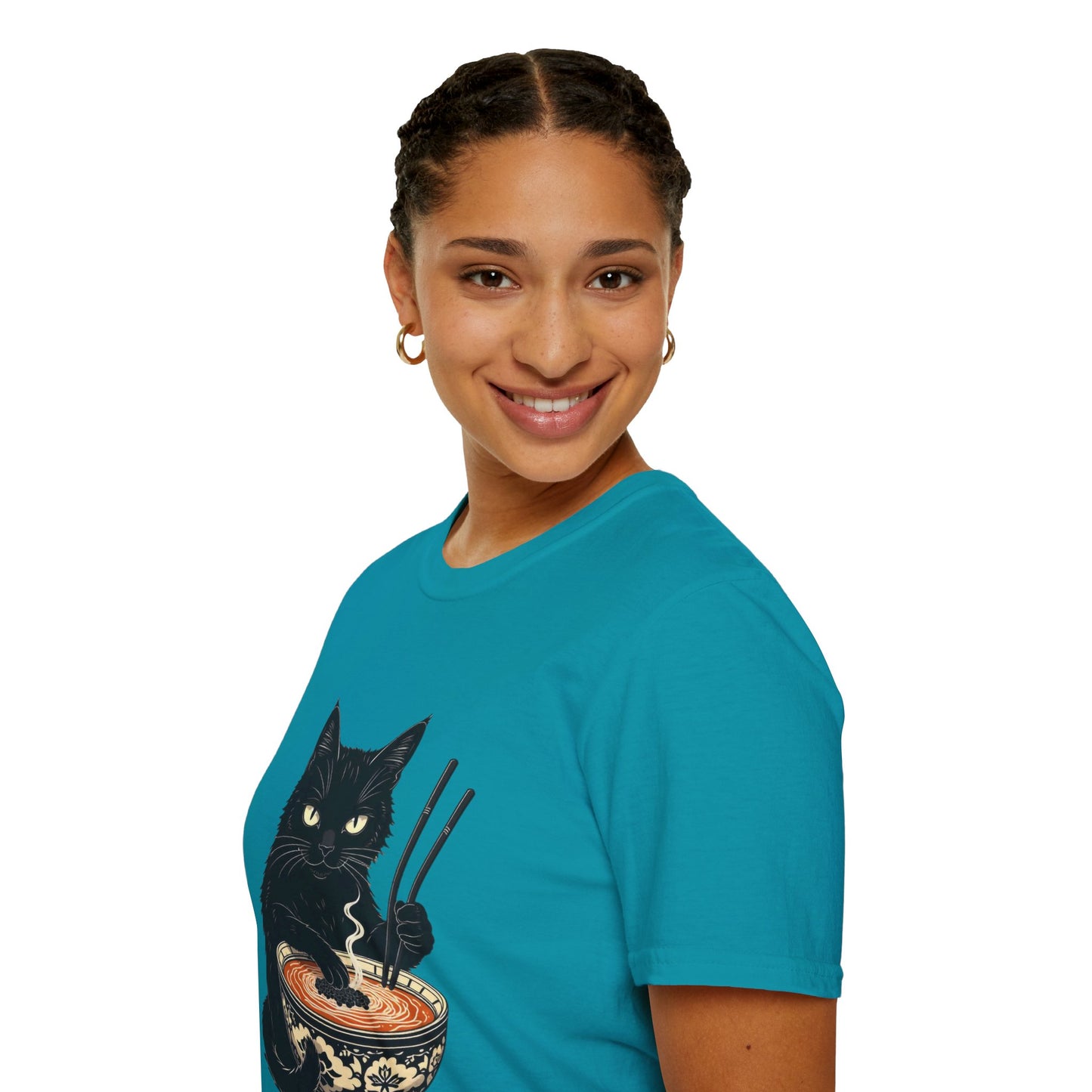 Noodle Cat Shirt, Ramen Cat T-Shirt, Foodie Lover Shirts, Black Cat Noodle T-Shirts, Retro Cat Tees, Cat Lover Sweatshirts, Black Cat Tee Funny Black Cat Ramen Unisex Softstyle T-Shirt