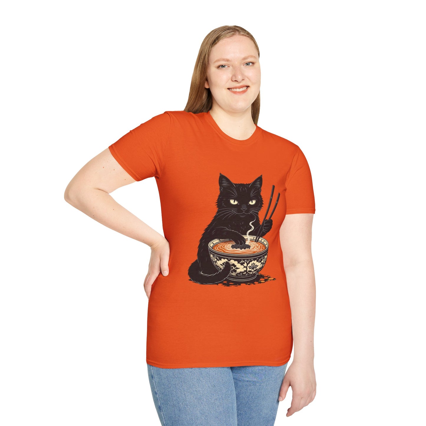 Noodle Cat Shirt, Ramen Cat T-Shirt, Foodie Lover Shirts, Black Cat Noodle T-Shirts, Retro Cat Tees, Cat Lover Sweatshirts, Black Cat Tee Funny Black Cat Ramen Unisex Softstyle T-Shirt