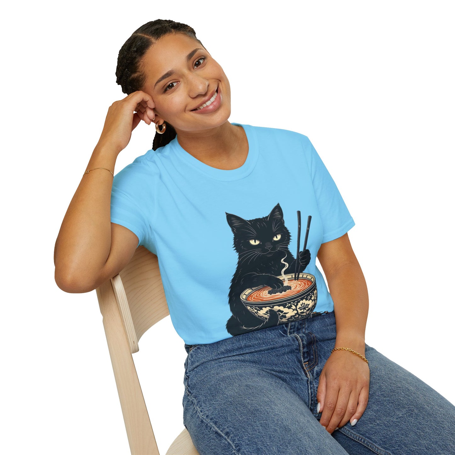 Noodle Cat Shirt, Ramen Cat T-Shirt, Foodie Lover Shirts, Black Cat Noodle T-Shirts, Retro Cat Tees, Cat Lover Sweatshirts, Black Cat Tee Funny Black Cat Ramen Unisex Softstyle T-Shirt