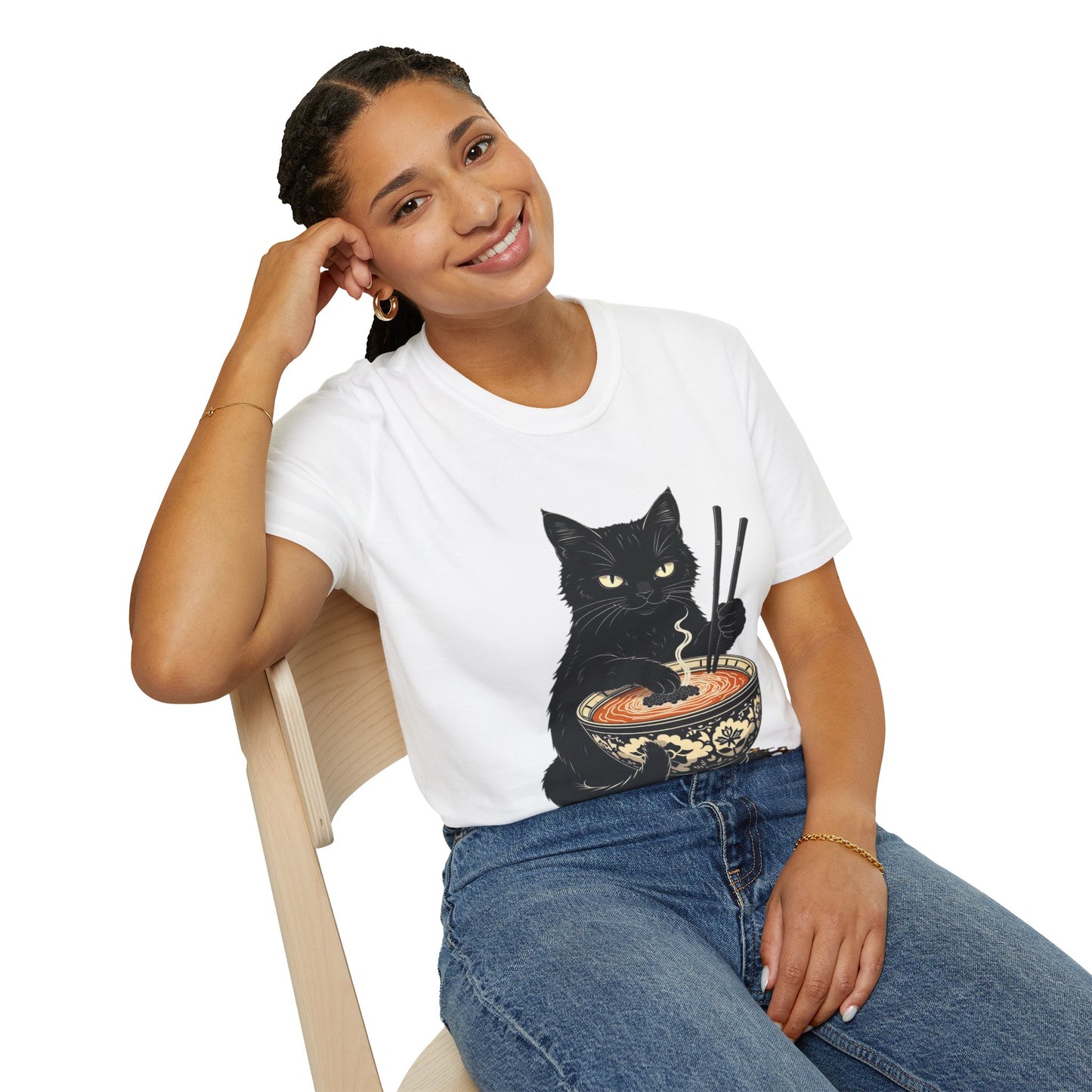 Noodle Cat Shirt, Ramen Cat T-Shirt, Foodie Lover Shirts, Black Cat Noodle T-Shirts, Retro Cat Tees, Cat Lover Sweatshirts, Black Cat Tee Funny Black Cat Ramen Unisex Softstyle T-Shirt