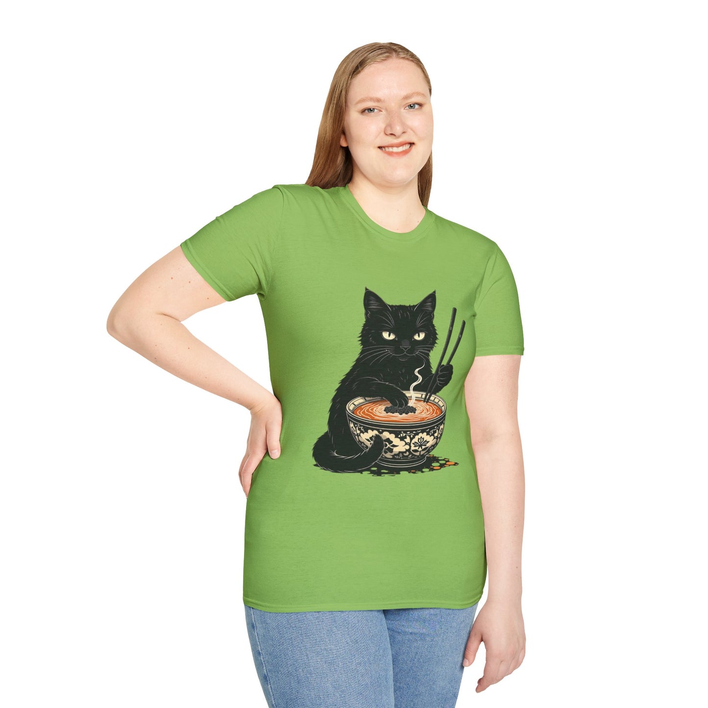 Noodle Cat Shirt, Ramen Cat T-Shirt, Foodie Lover Shirts, Black Cat Noodle T-Shirts, Retro Cat Tees, Cat Lover Sweatshirts, Black Cat Tee Funny Black Cat Ramen Unisex Softstyle T-Shirt