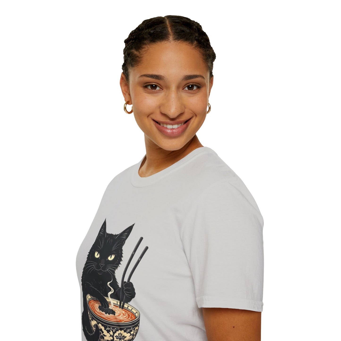 Noodle Cat Shirt, Ramen Cat T-Shirt, Foodie Lover Shirts, Black Cat Noodle T-Shirts, Retro Cat Tees, Cat Lover Sweatshirts, Black Cat Tee Funny Black Cat Ramen Unisex Softstyle T-Shirt