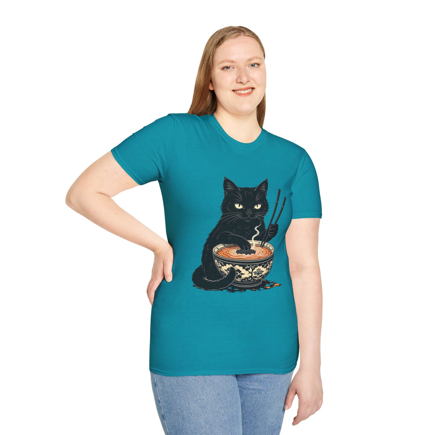 Noodle Cat Shirt, Ramen Cat T-Shirt, Foodie Lover Shirts, Black Cat Noodle T-Shirts, Retro Cat Tees, Cat Lover Sweatshirts, Black Cat Tee Funny Black Cat Ramen Unisex Softstyle T-Shirt