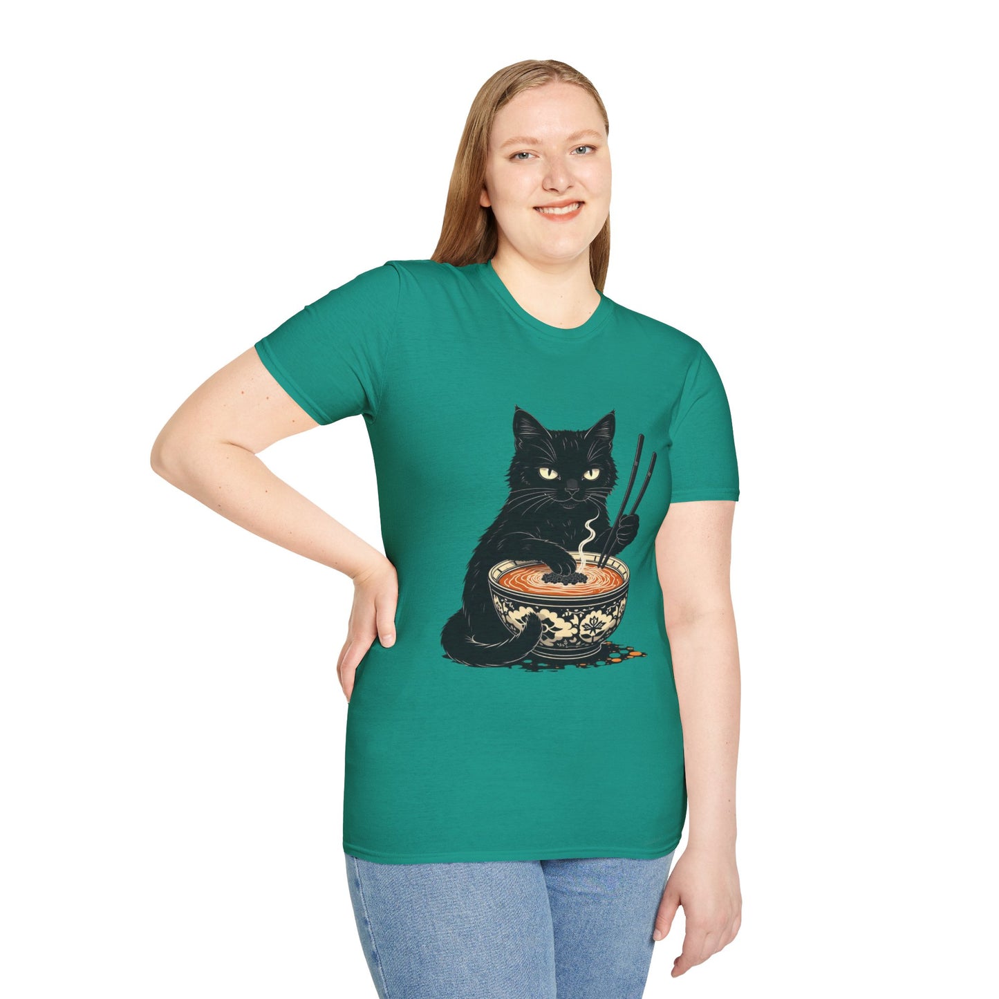 Noodle Cat Shirt, Ramen Cat T-Shirt, Foodie Lover Shirts, Black Cat Noodle T-Shirts, Retro Cat Tees, Cat Lover Sweatshirts, Black Cat Tee Funny Black Cat Ramen Unisex Softstyle T-Shirt