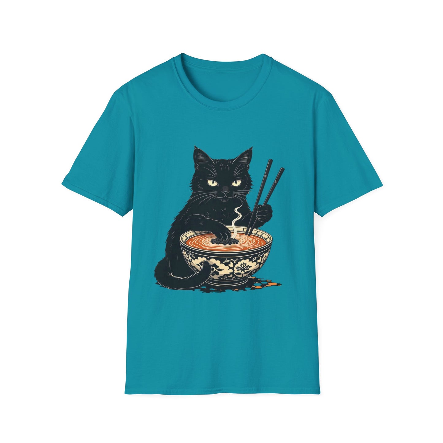 Noodle Cat Shirt, Ramen Cat T-Shirt, Foodie Lover Shirts, Black Cat Noodle T-Shirts, Retro Cat Tees, Cat Lover Sweatshirts, Black Cat Tee Funny Black Cat Ramen Unisex Softstyle T-Shirt