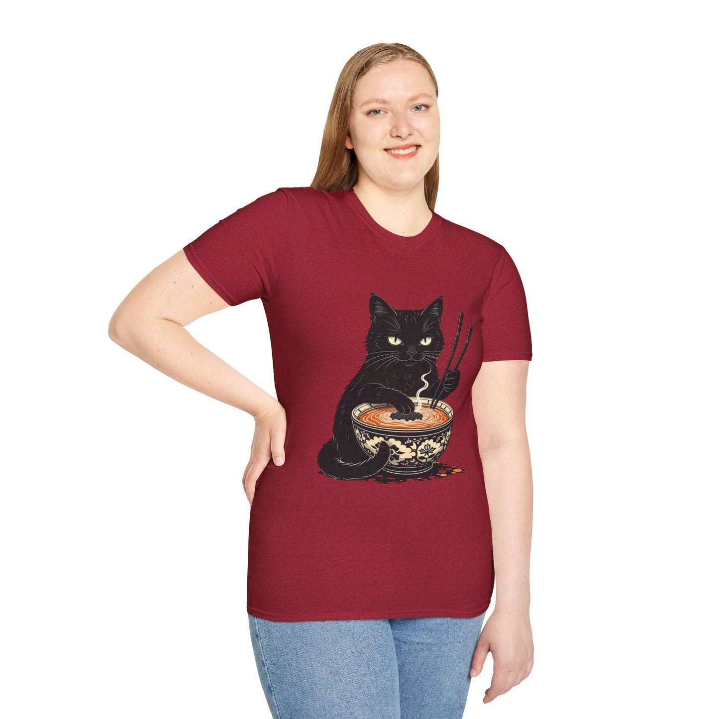 Noodle Cat Shirt, Ramen Cat T-Shirt, Foodie Lover Shirts, Black Cat Noodle T-Shirts, Retro Cat Tees, Cat Lover Sweatshirts, Black Cat Tee Funny Black Cat Ramen Unisex Softstyle T-Shirt