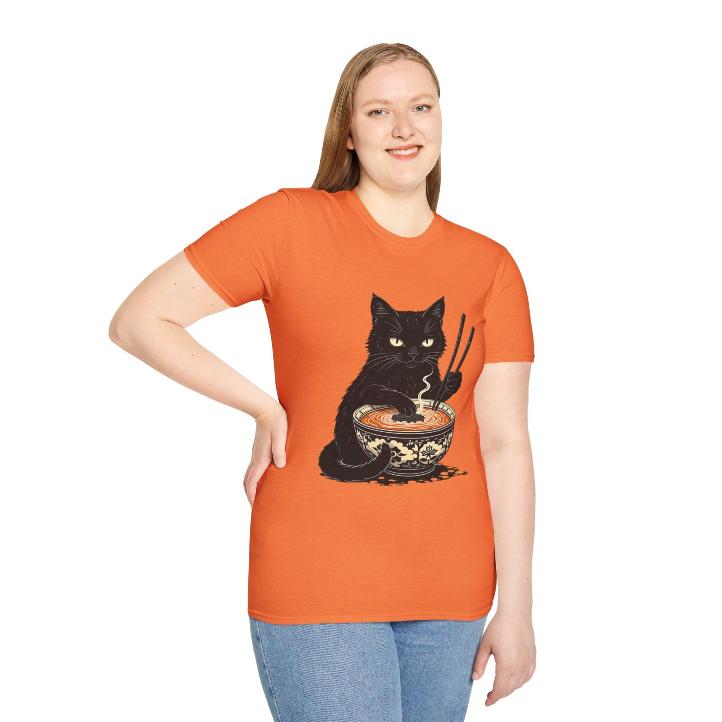 Noodle Cat Shirt, Ramen Cat T-Shirt, Foodie Lover Shirts, Black Cat Noodle T-Shirts, Retro Cat Tees, Cat Lover Sweatshirts, Black Cat Tee Funny Black Cat Ramen Unisex Softstyle T-Shirt