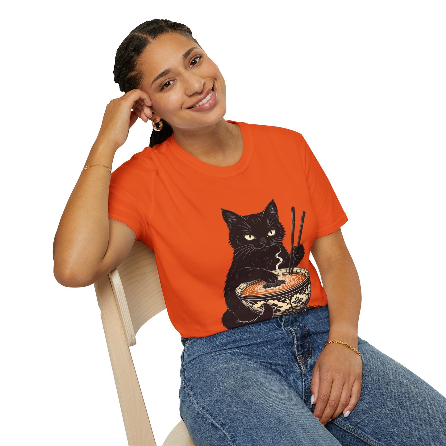 Noodle Cat Shirt, Ramen Cat T-Shirt, Foodie Lover Shirts, Black Cat Noodle T-Shirts, Retro Cat Tees, Cat Lover Sweatshirts, Black Cat Tee Funny Black Cat Ramen Unisex Softstyle T-Shirt