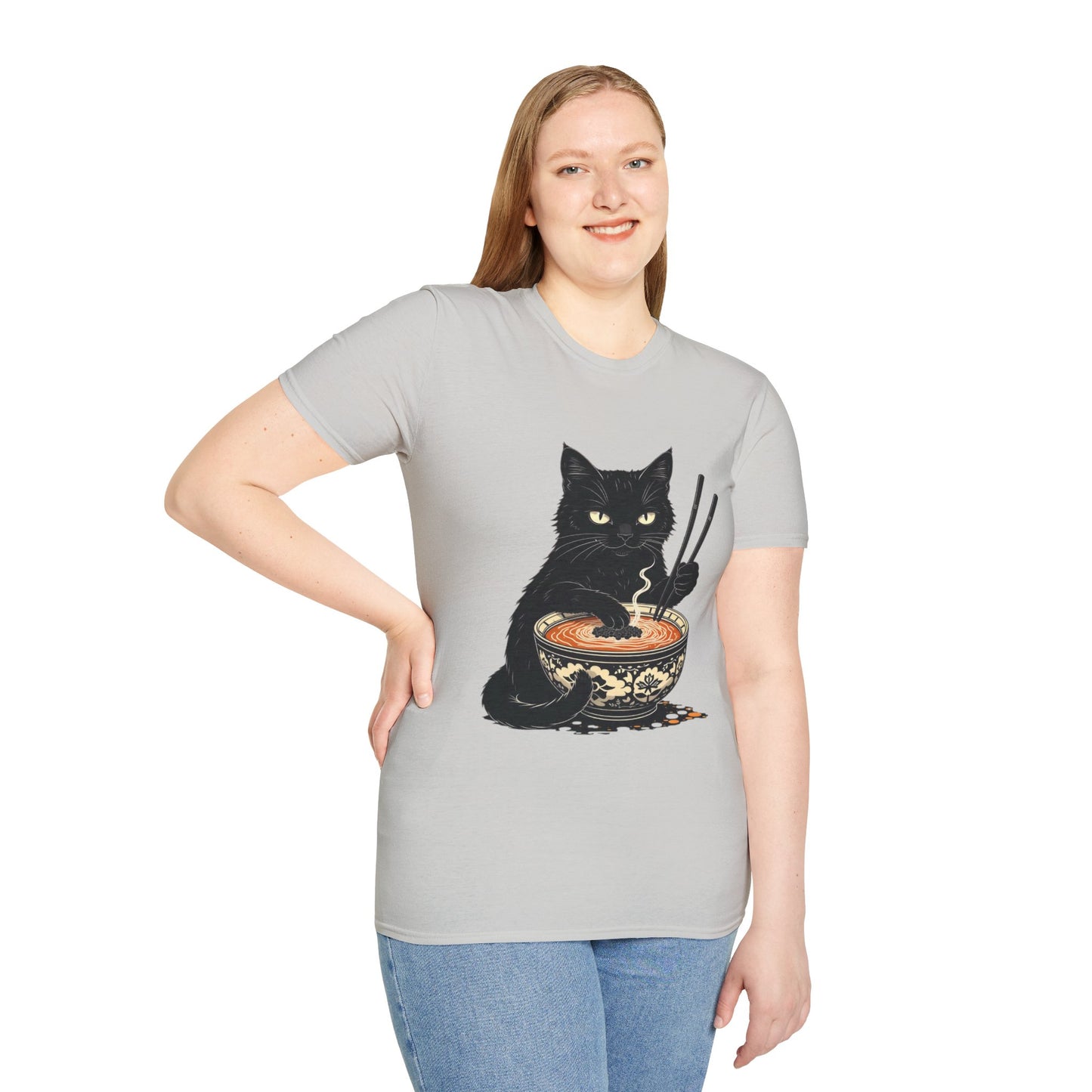 Noodle Cat Shirt, Ramen Cat T-Shirt, Foodie Lover Shirts, Black Cat Noodle T-Shirts, Retro Cat Tees, Cat Lover Sweatshirts, Black Cat Tee Funny Black Cat Ramen Unisex Softstyle T-Shirt