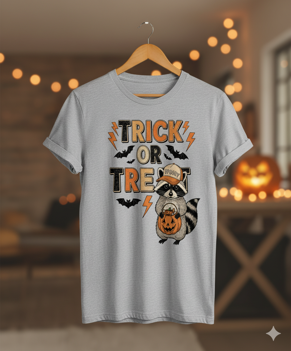 Cute Raccoon Trick or Treat Halloween Shirt – Retro Spooky Season Pumpkin Sweatshirt, Salem Witch Vibes Tee