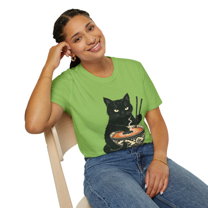 Noodle Cat Shirt, Ramen Cat T-Shirt, Foodie Lover Shirts, Black Cat Noodle T-Shirts, Retro Cat Tees, Cat Lover Sweatshirts, Black Cat Tee Funny Black Cat Ramen Unisex Softstyle T-Shirt