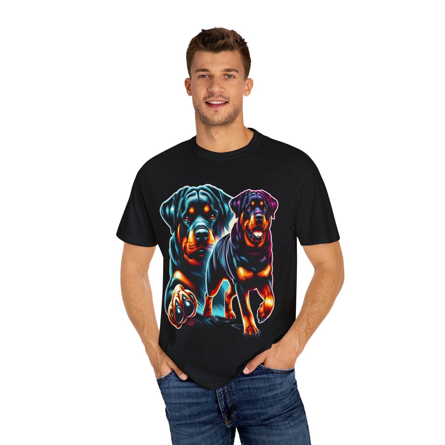 Vibrant Rottweiler Duo Unisex T-Shirt . Rottweiler Lover 3D T-Shirt – Mother’s Day Gift | All Over Print, Best Price