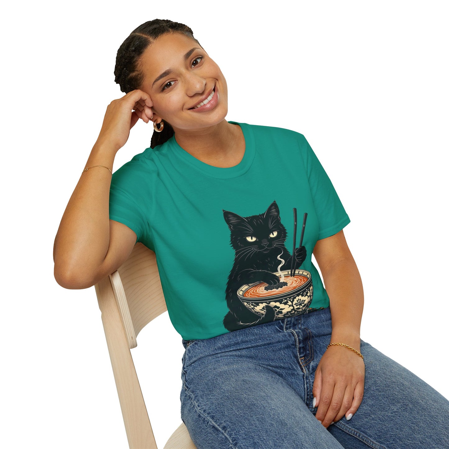 Noodle Cat Shirt, Ramen Cat T-Shirt, Foodie Lover Shirts, Black Cat Noodle T-Shirts, Retro Cat Tees, Cat Lover Sweatshirts, Black Cat Tee Funny Black Cat Ramen Unisex Softstyle T-Shirt