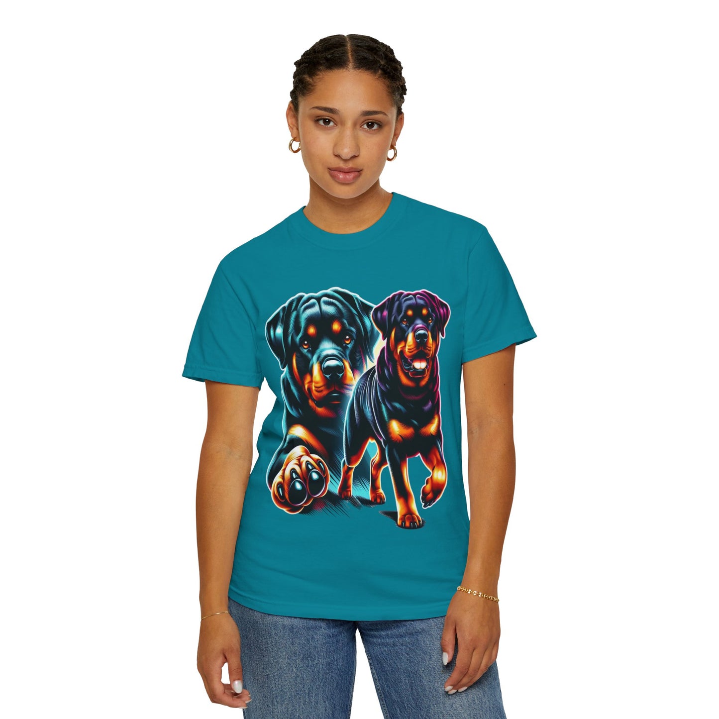 Vibrant Rottweiler Duo Unisex T-Shirt . Rottweiler Lover 3D T-Shirt – Mother’s Day Gift | All Over Print, Best Price
