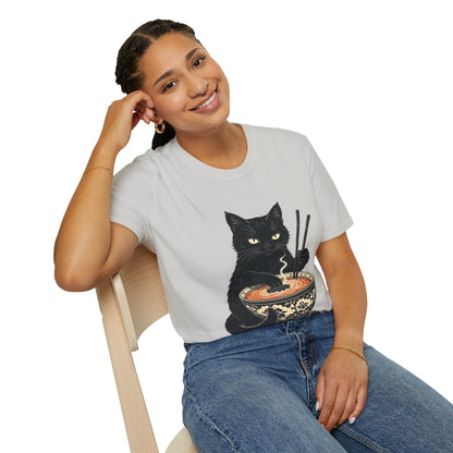 Noodle Cat Shirt, Ramen Cat T-Shirt, Foodie Lover Shirts, Black Cat Noodle T-Shirts, Retro Cat Tees, Cat Lover Sweatshirts, Black Cat Tee Funny Black Cat Ramen Unisex Softstyle T-Shirt