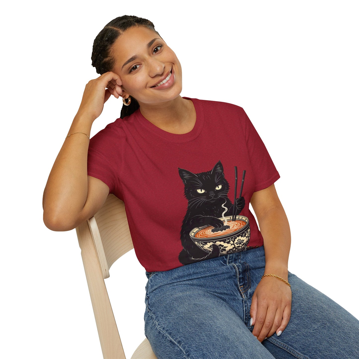 Noodle Cat Shirt, Ramen Cat T-Shirt, Foodie Lover Shirts, Black Cat Noodle T-Shirts, Retro Cat Tees, Cat Lover Sweatshirts, Black Cat Tee Funny Black Cat Ramen Unisex Softstyle T-Shirt