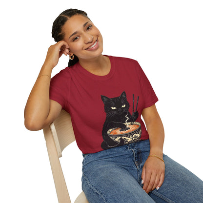 Noodle Cat Shirt, Ramen Cat T-Shirt, Foodie Lover Shirts, Black Cat Noodle T-Shirts, Retro Cat Tees, Cat Lover Sweatshirts, Black Cat Tee Funny Black Cat Ramen Unisex Softstyle T-Shirt