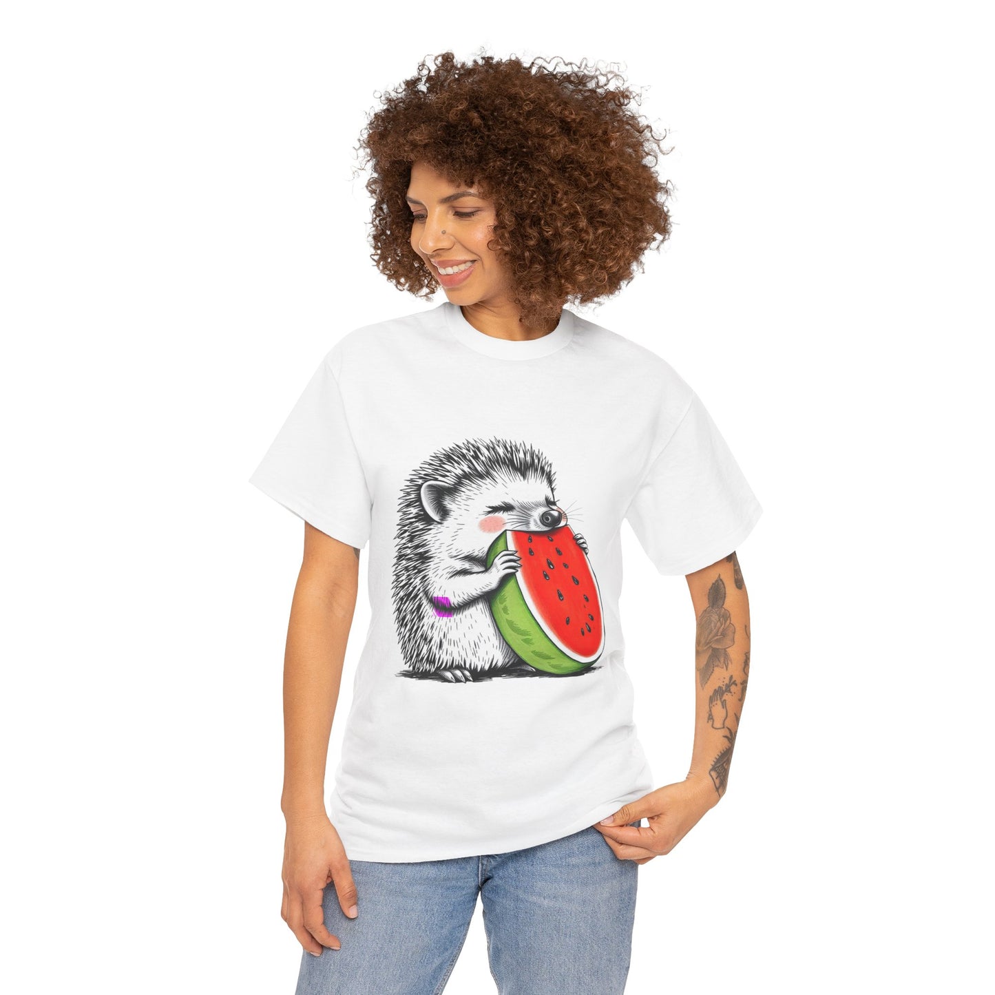 Colorful Hedgehog T-Shirt, Cute Animal Eating Watermelon Tee, Unisex Graphic Shirt, Summer Fashion Top, Casual Wear, Gift Idea
