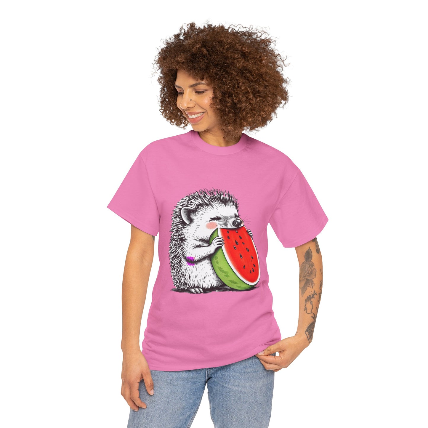 Colorful Hedgehog T-Shirt, Cute Animal Eating Watermelon Tee, Unisex Graphic Shirt, Summer Fashion Top, Casual Wear, Gift Idea