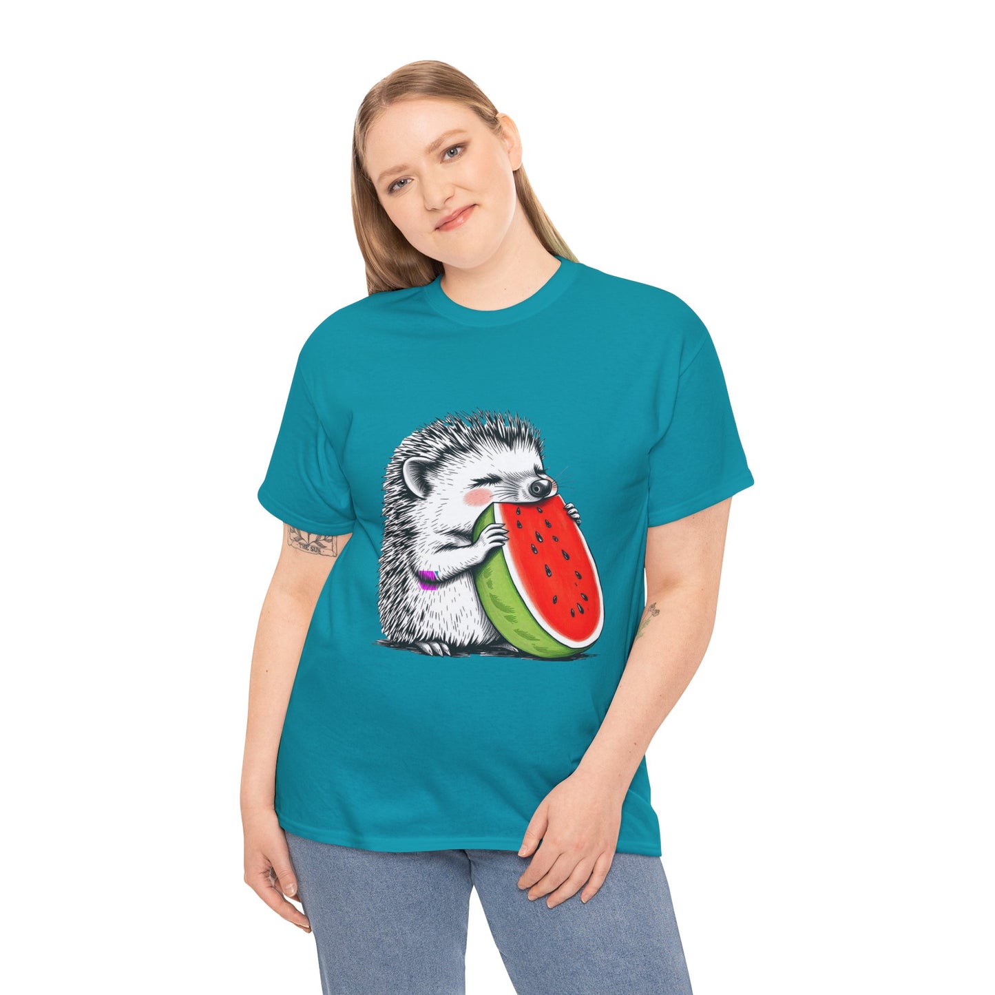 Colorful Hedgehog T-Shirt, Cute Animal Eating Watermelon Tee, Unisex Graphic Shirt, Summer Fashion Top, Casual Wear, Gift Idea