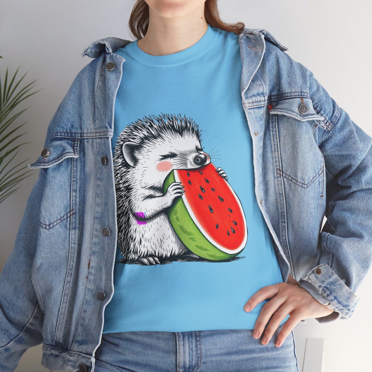 Colorful Hedgehog T-Shirt, Cute Animal Eating Watermelon Tee, Unisex Graphic Shirt, Summer Fashion Top, Casual Wear, Gift Idea
