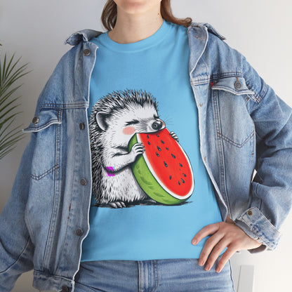 Colorful Hedgehog T-Shirt, Cute Animal Eating Watermelon Tee, Unisex Graphic Shirt, Summer Fashion Top, Casual Wear, Gift Idea