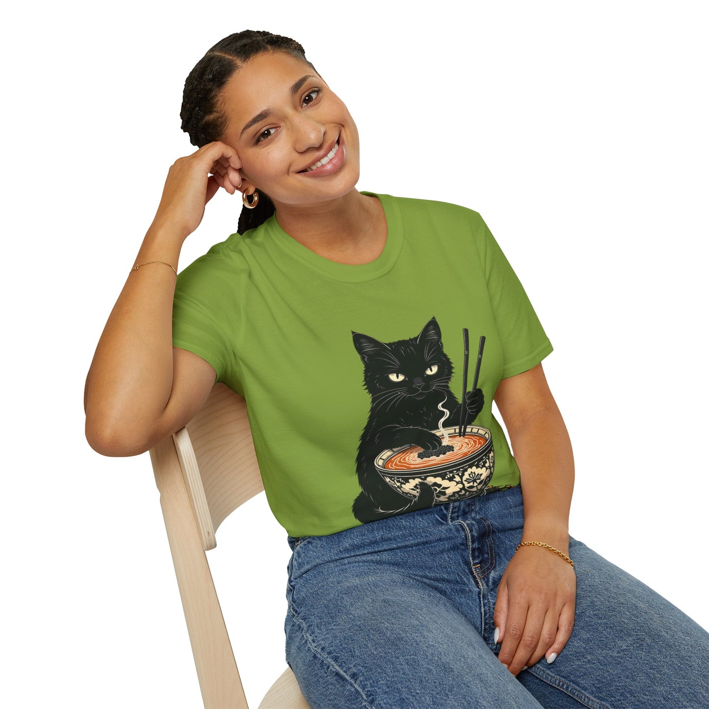 Noodle Cat Shirt, Ramen Cat T-Shirt, Foodie Lover Shirts, Black Cat Noodle T-Shirts, Retro Cat Tees, Cat Lover Sweatshirts, Black Cat Tee Funny Black Cat Ramen Unisex Softstyle T-Shirt
