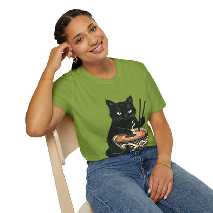 Noodle Cat Shirt, Ramen Cat T-Shirt, Foodie Lover Shirts, Black Cat Noodle T-Shirts, Retro Cat Tees, Cat Lover Sweatshirts, Black Cat Tee Funny Black Cat Ramen Unisex Softstyle T-Shirt