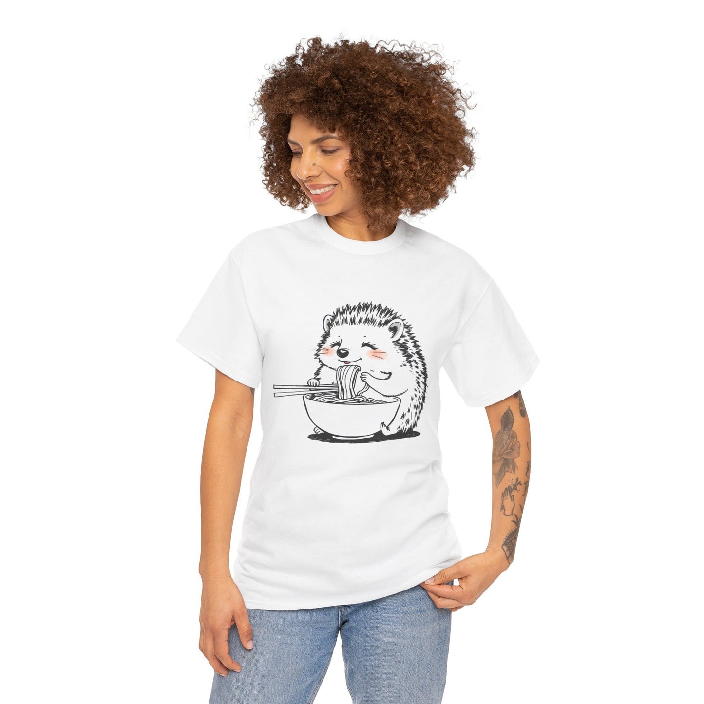 Noodle Hedgehog Shirt, Ramen HedgehogT-Shirt, Foodie Lover Shirts, Black Hedgehog Noodle T-Shirts, Retro HedgehogTees, Hedgehog Lover Sweatshirts, Black Hedgehog Tee Cute Hedgehog Eating Noodles Unisex Heavy Cotton Tee
