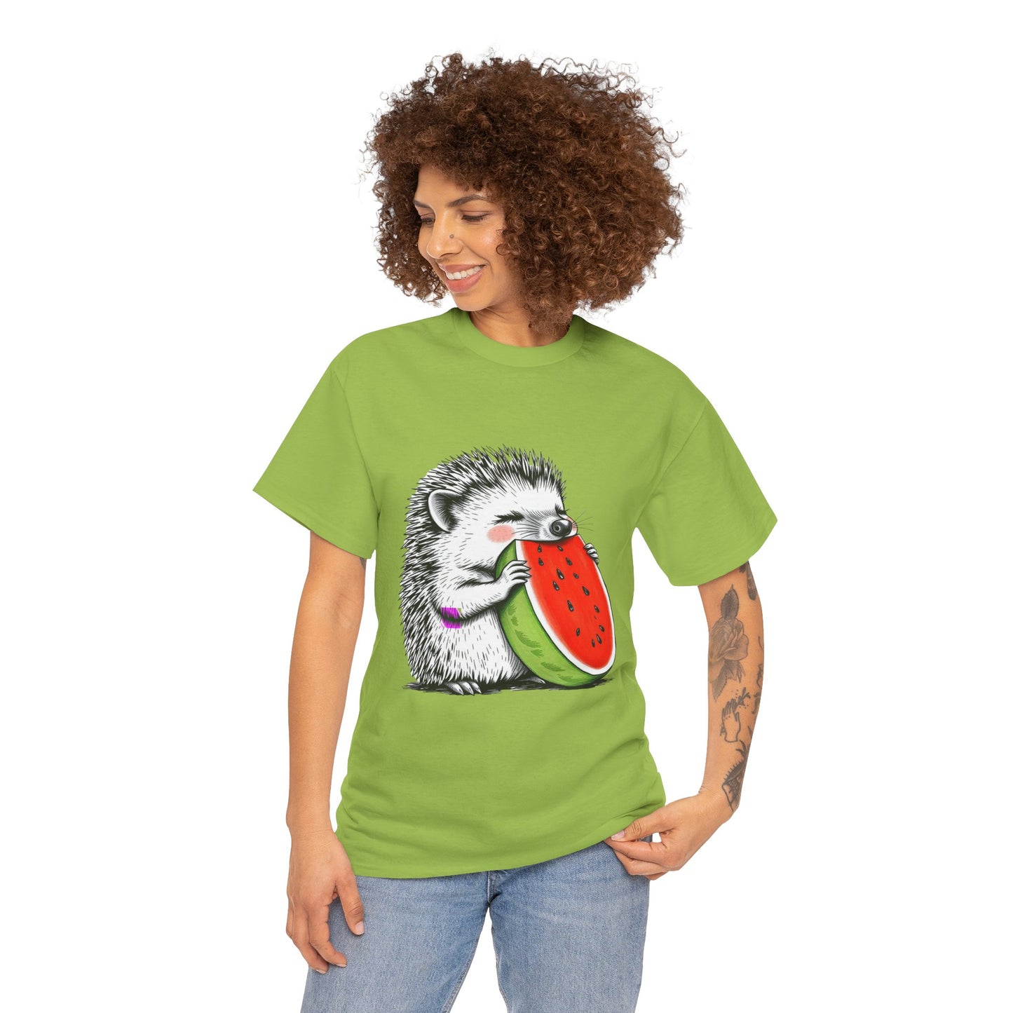 Colorful Hedgehog T-Shirt, Cute Animal Eating Watermelon Tee, Unisex Graphic Shirt, Summer Fashion Top, Casual Wear, Gift Idea