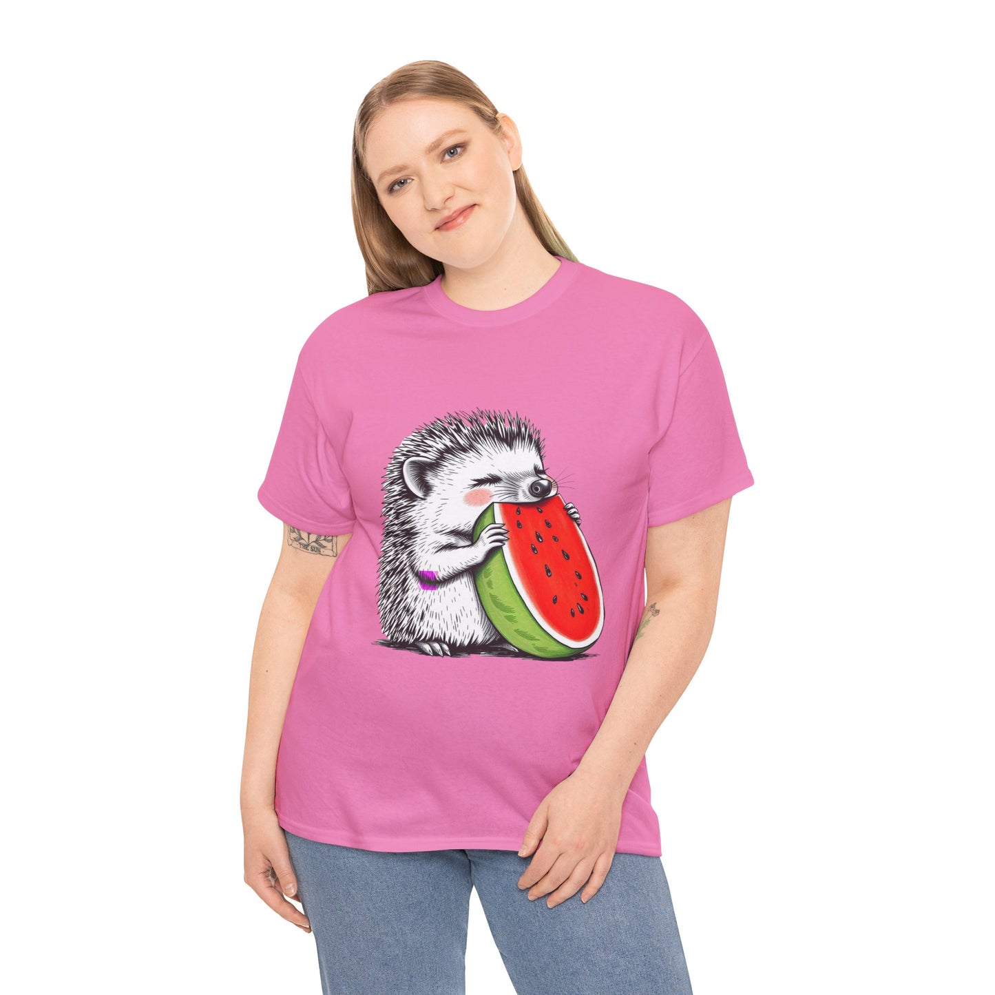 Colorful Hedgehog T-Shirt, Cute Animal Eating Watermelon Tee, Unisex Graphic Shirt, Summer Fashion Top, Casual Wear, Gift Idea