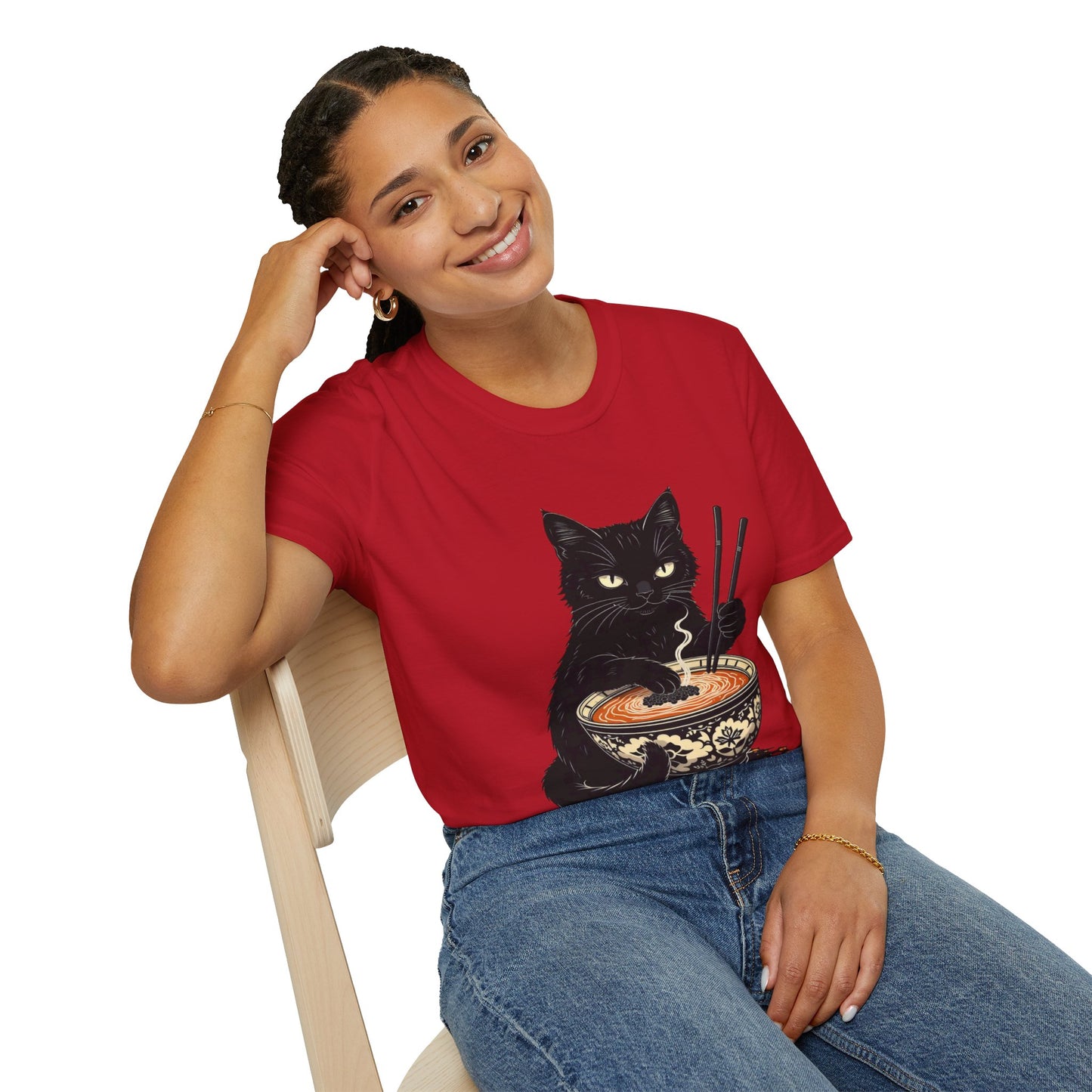 Noodle Cat Shirt, Ramen Cat T-Shirt, Foodie Lover Shirts, Black Cat Noodle T-Shirts, Retro Cat Tees, Cat Lover Sweatshirts, Black Cat Tee Funny Black Cat Ramen Unisex Softstyle T-Shirt