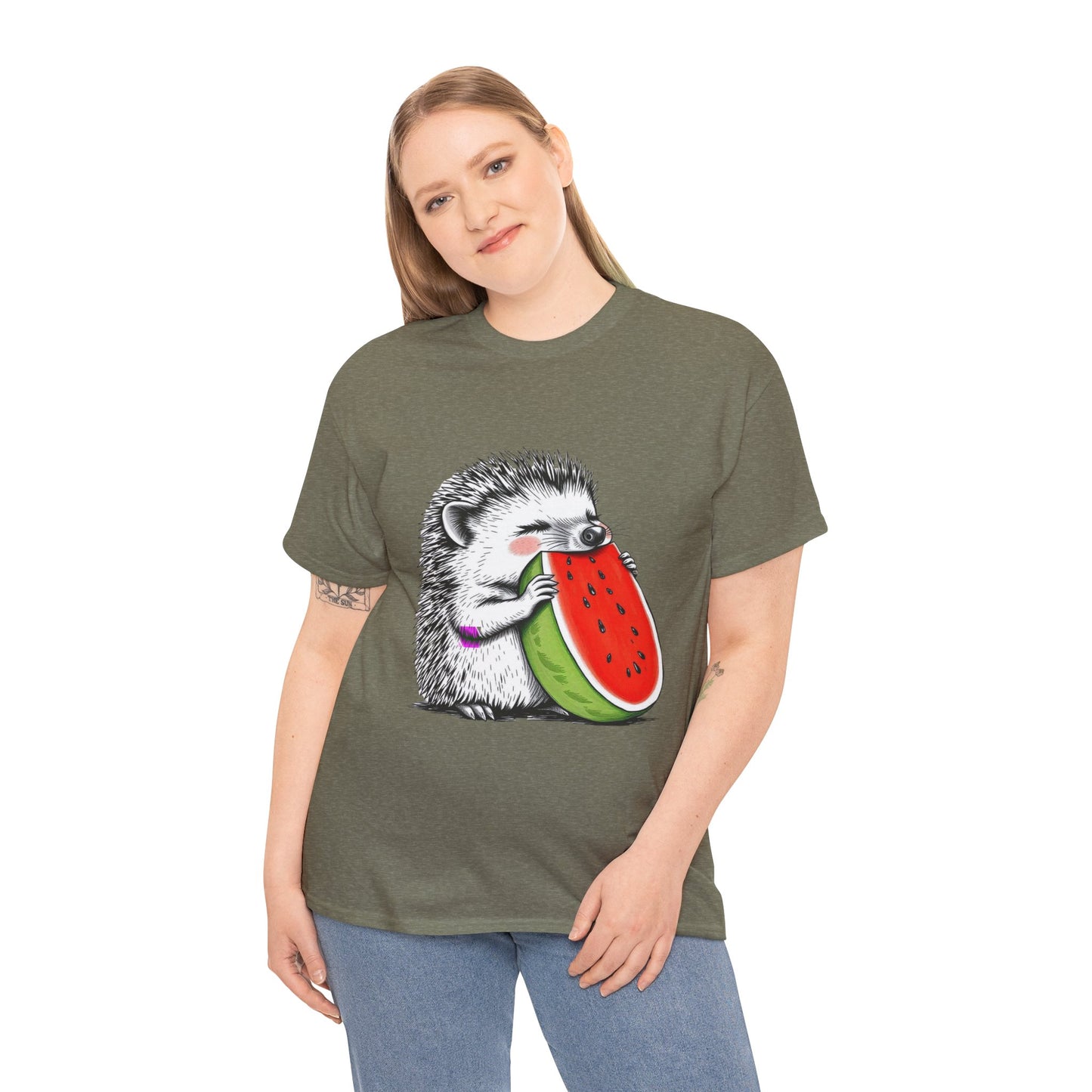Colorful Hedgehog T-Shirt, Cute Animal Eating Watermelon Tee, Unisex Graphic Shirt, Summer Fashion Top, Casual Wear, Gift Idea