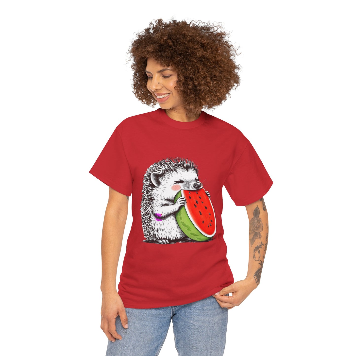 Colorful Hedgehog T-Shirt, Cute Animal Eating Watermelon Tee, Unisex Graphic Shirt, Summer Fashion Top, Casual Wear, Gift Idea