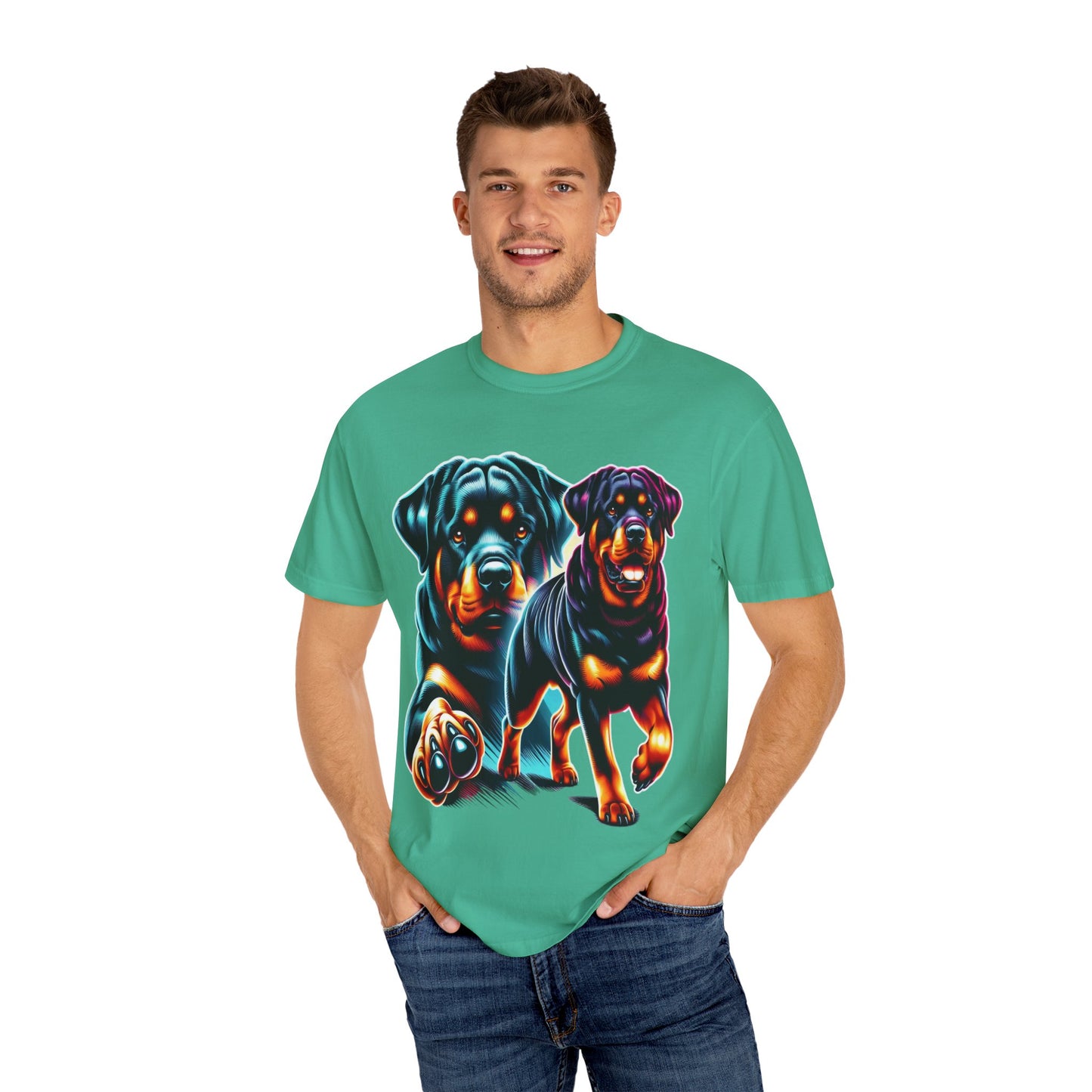 Vibrant Rottweiler Duo Unisex T-Shirt . Rottweiler Lover 3D T-Shirt – Mother’s Day Gift | All Over Print, Best Price