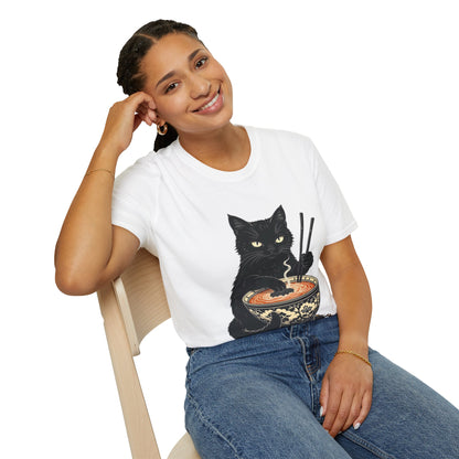Noodle Cat Shirt, Ramen Cat T-Shirt, Foodie Lover Shirts, Black Cat Noodle T-Shirts, Retro Cat Tees, Cat Lover Sweatshirts, Black Cat Tee Funny Black Cat Ramen Unisex Softstyle T-Shirt
