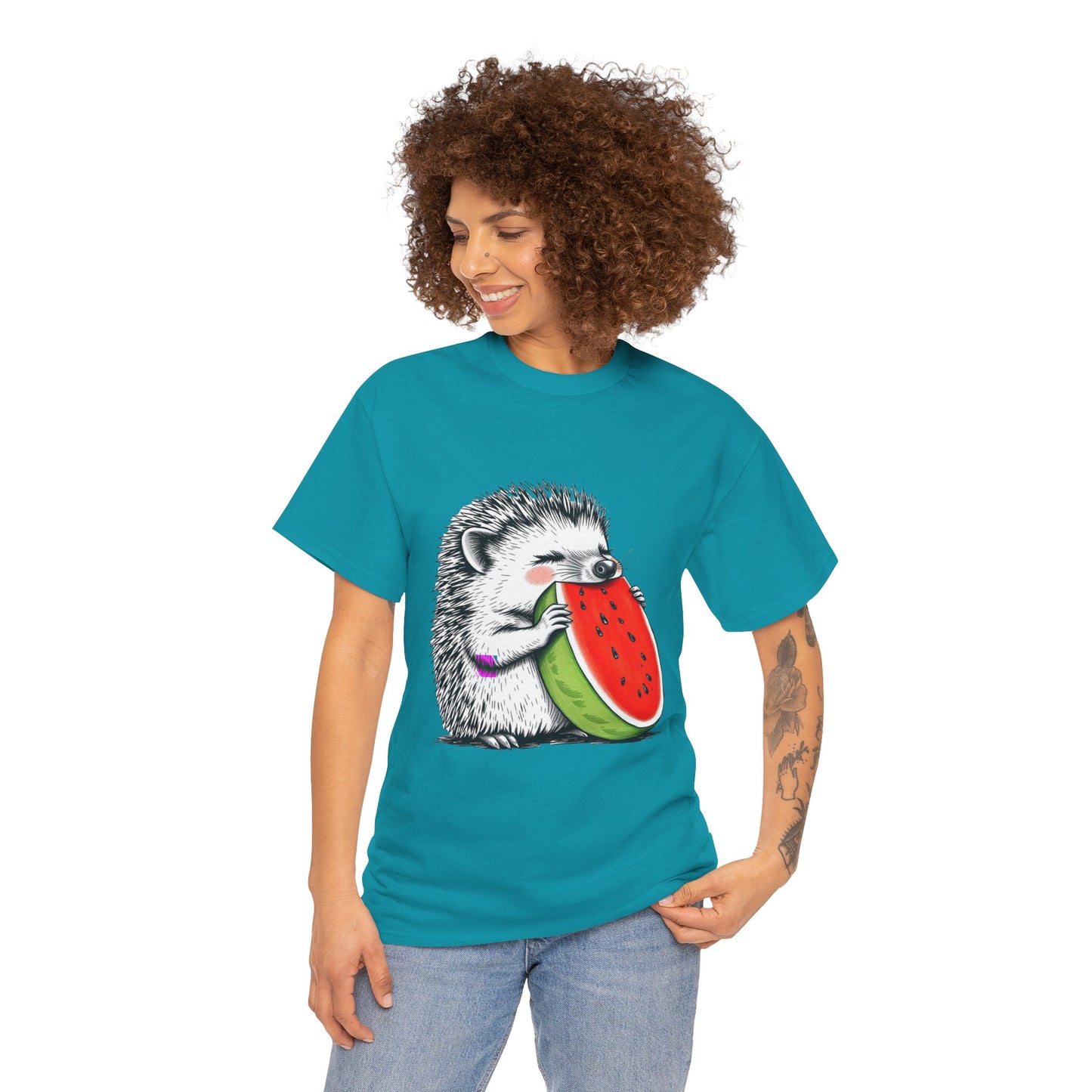 Colorful Hedgehog T-Shirt, Cute Animal Eating Watermelon Tee, Unisex Graphic Shirt, Summer Fashion Top, Casual Wear, Gift Idea