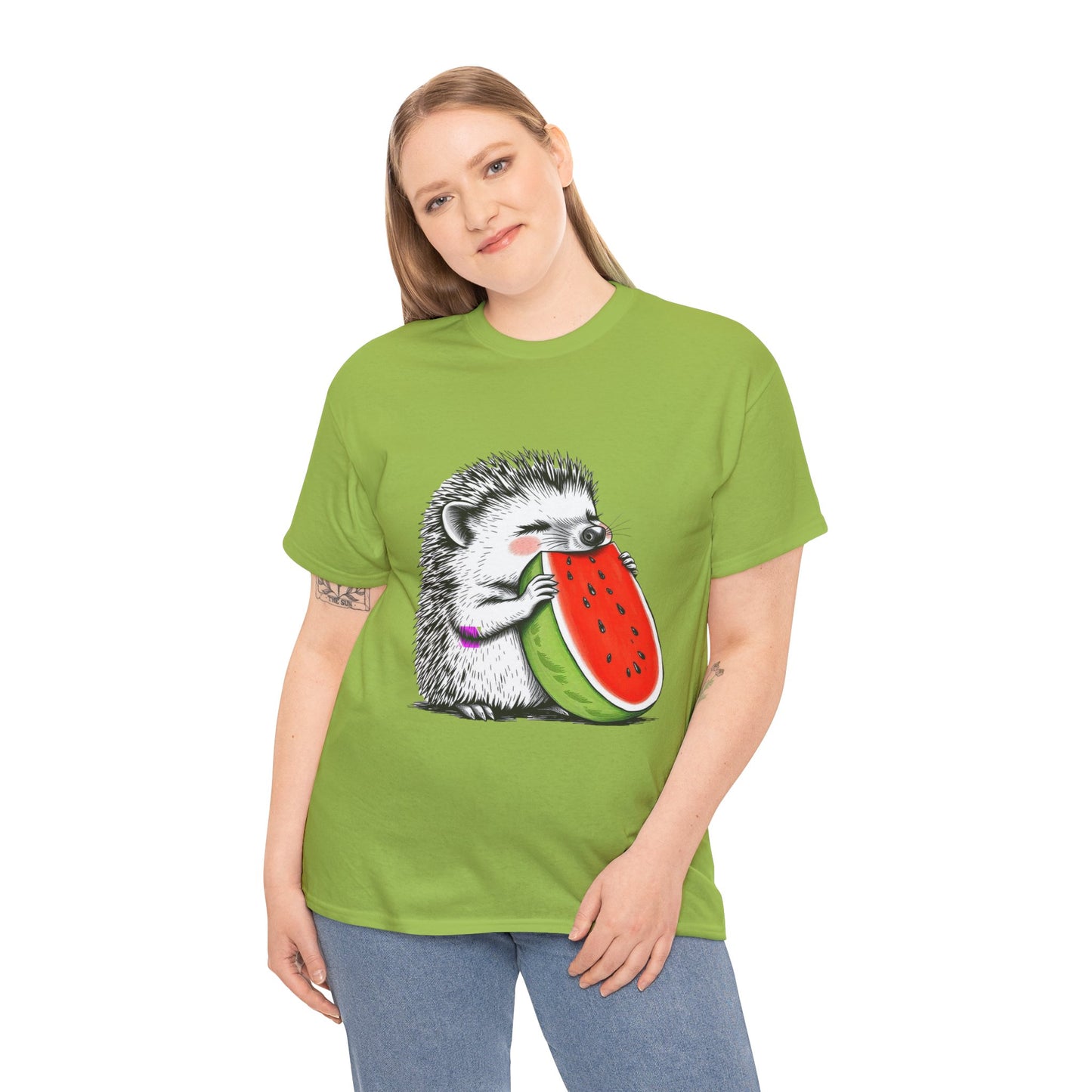 Colorful Hedgehog T-Shirt, Cute Animal Eating Watermelon Tee, Unisex Graphic Shirt, Summer Fashion Top, Casual Wear, Gift Idea