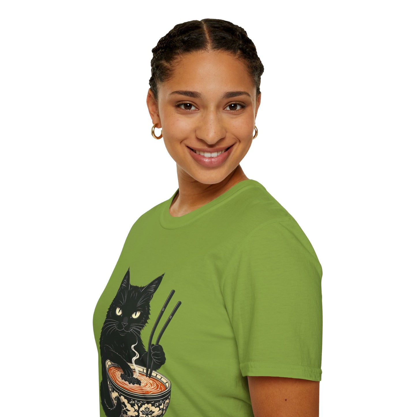 Noodle Cat Shirt, Ramen Cat T-Shirt, Foodie Lover Shirts, Black Cat Noodle T-Shirts, Retro Cat Tees, Cat Lover Sweatshirts, Black Cat Tee Funny Black Cat Ramen Unisex Softstyle T-Shirt