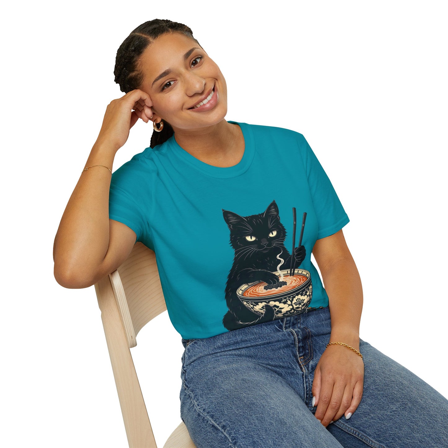 Noodle Cat Shirt, Ramen Cat T-Shirt, Foodie Lover Shirts, Black Cat Noodle T-Shirts, Retro Cat Tees, Cat Lover Sweatshirts, Black Cat Tee Funny Black Cat Ramen Unisex Softstyle T-Shirt