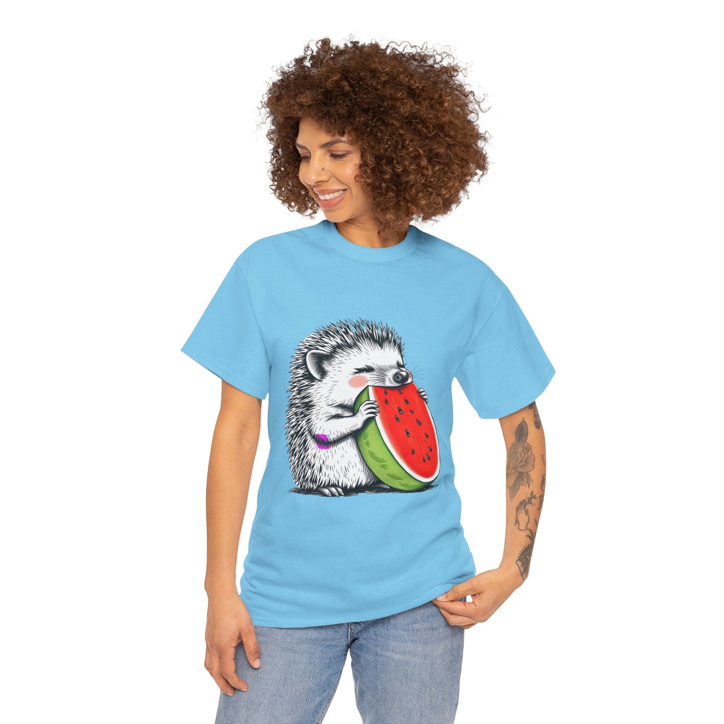 Colorful Hedgehog T-Shirt, Cute Animal Eating Watermelon Tee, Unisex Graphic Shirt, Summer Fashion Top, Casual Wear, Gift Idea