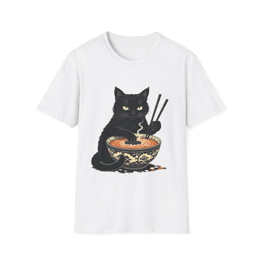 Noodle Cat Shirt, Ramen Cat T-Shirt, Foodie Lover Shirts, Black Cat Noodle T-Shirts, Retro Cat Tees, Cat Lover Sweatshirts, Black Cat Tee Funny Black Cat Ramen Unisex Softstyle T-Shirt