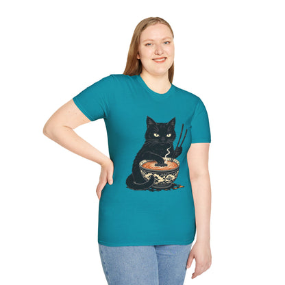 Noodle Cat Shirt, Ramen Cat T-Shirt, Foodie Lover Shirts, Black Cat Noodle T-Shirts, Retro Cat Tees, Cat Lover Sweatshirts, Black Cat Tee Funny Black Cat Ramen Unisex Softstyle T-Shirt