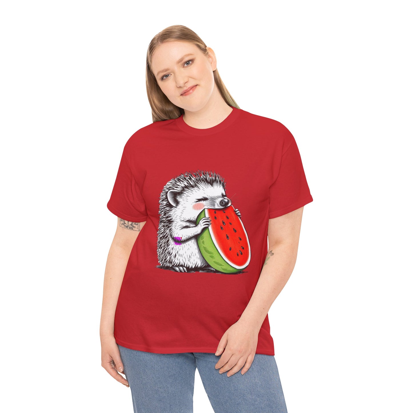 Colorful Hedgehog T-Shirt, Cute Animal Eating Watermelon Tee, Unisex Graphic Shirt, Summer Fashion Top, Casual Wear, Gift Idea