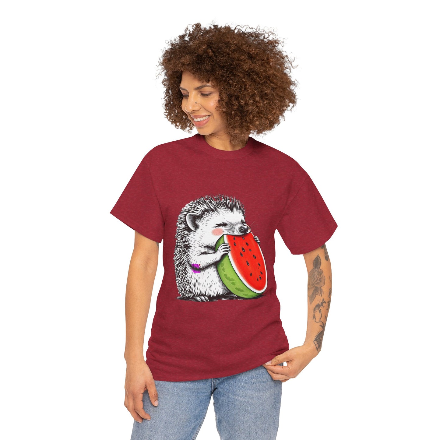 Colorful Hedgehog T-Shirt, Cute Animal Eating Watermelon Tee, Unisex Graphic Shirt, Summer Fashion Top, Casual Wear, Gift Idea