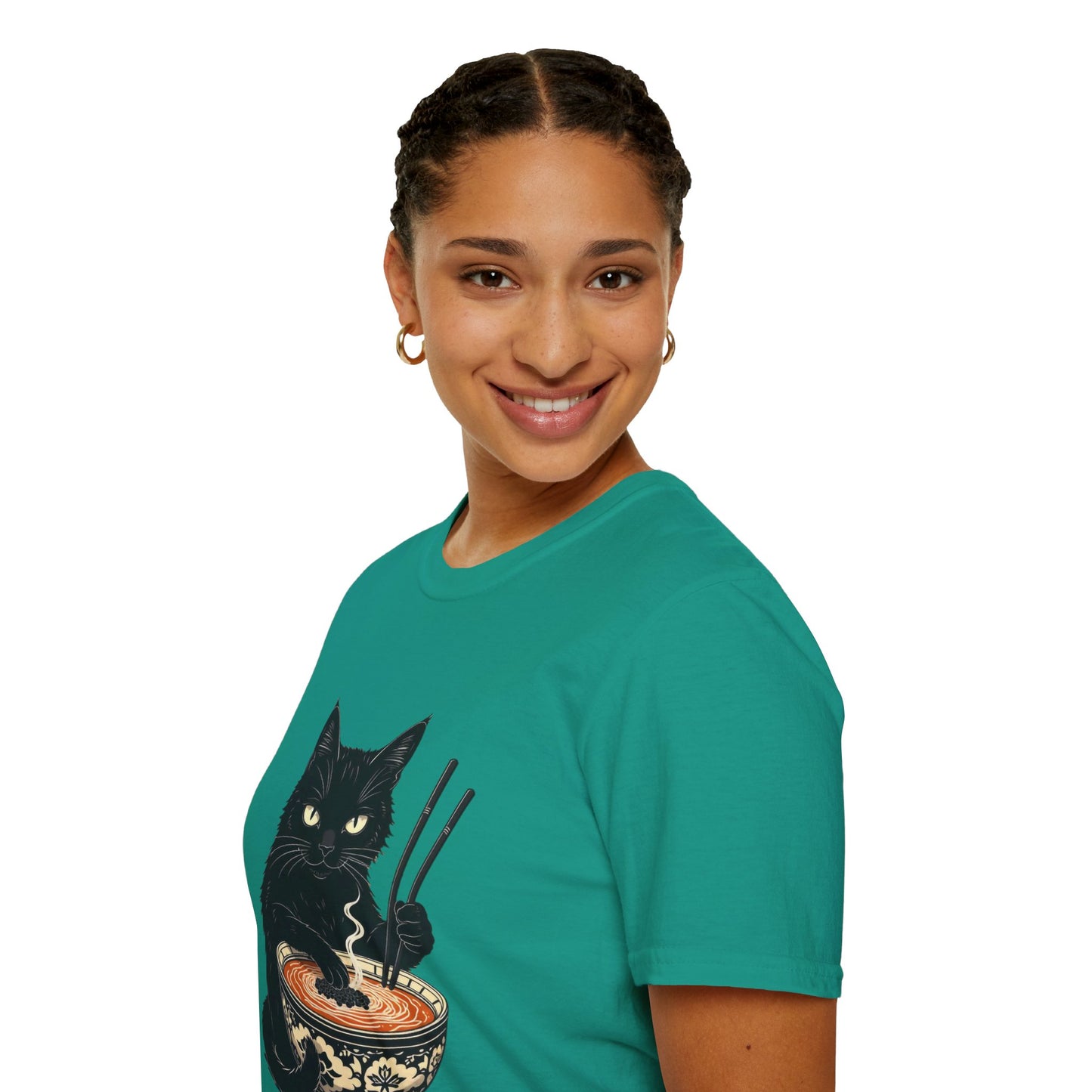 Noodle Cat Shirt, Ramen Cat T-Shirt, Foodie Lover Shirts, Black Cat Noodle T-Shirts, Retro Cat Tees, Cat Lover Sweatshirts, Black Cat Tee Funny Black Cat Ramen Unisex Softstyle T-Shirt